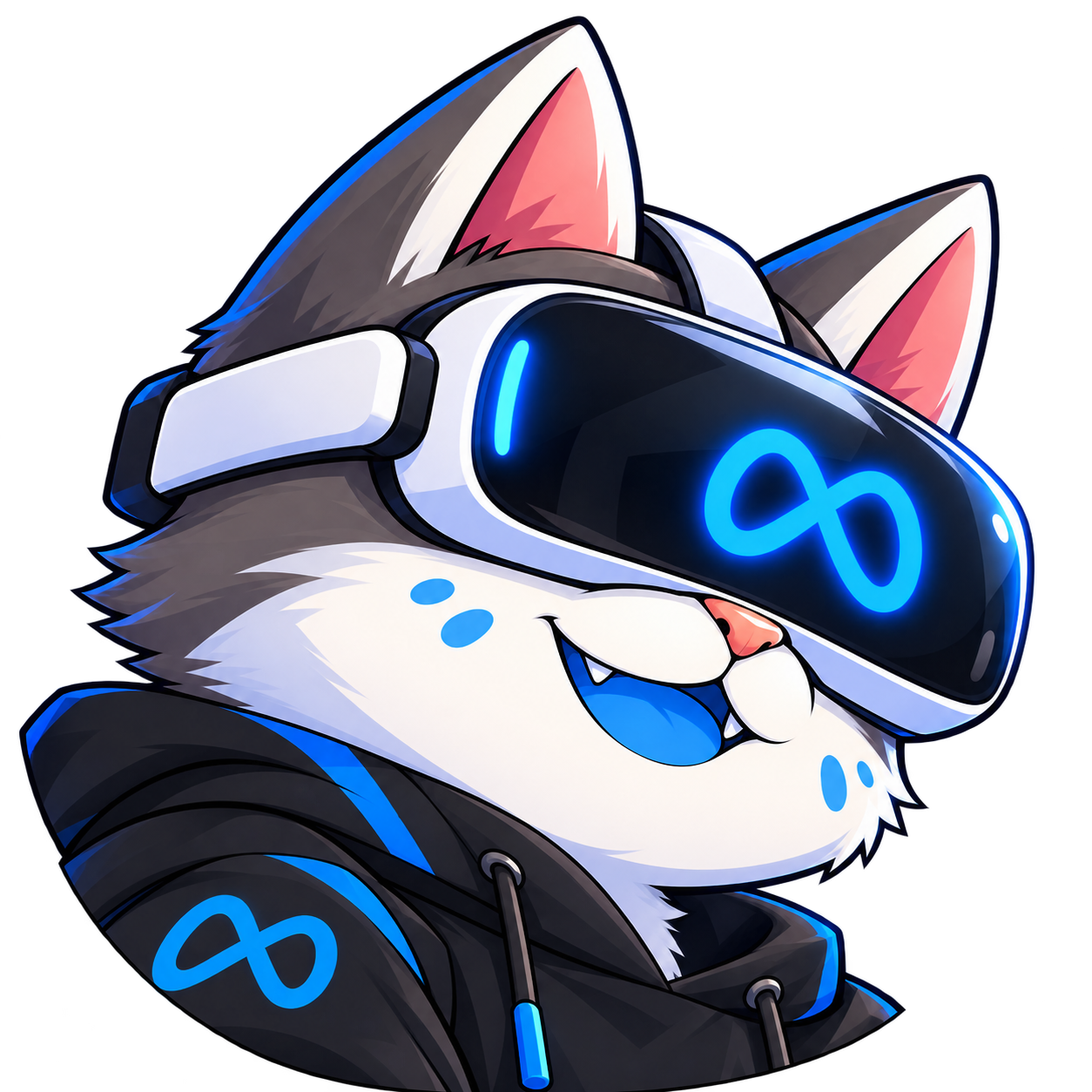 Meowta mascot, a grey and white cat wearing a VR headset lit with the infinity mark