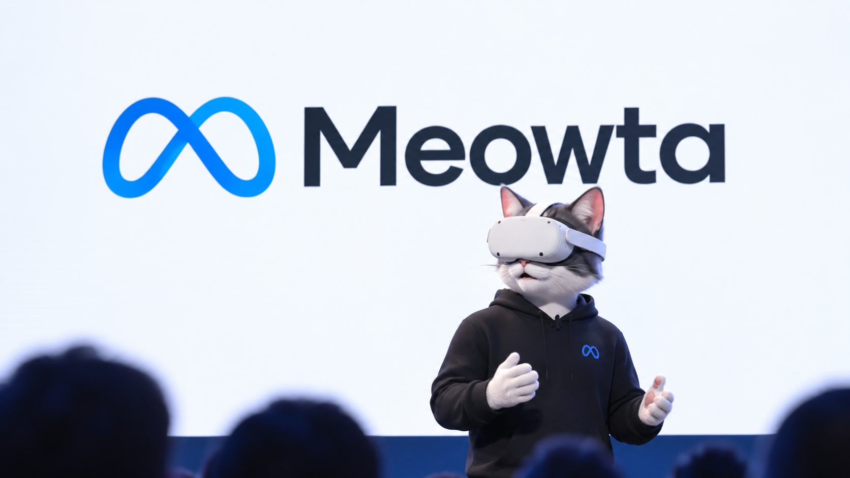 Meowta mascot presenting the Meowta wordmark and infinity logo on stage in front of a crowd