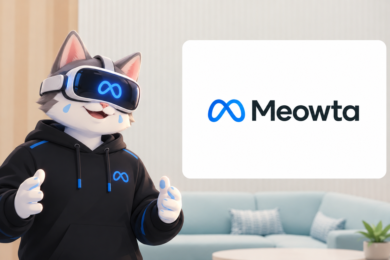 Meowta mascot giving a thumbs up beside the Meowta wordmark and infinity logo